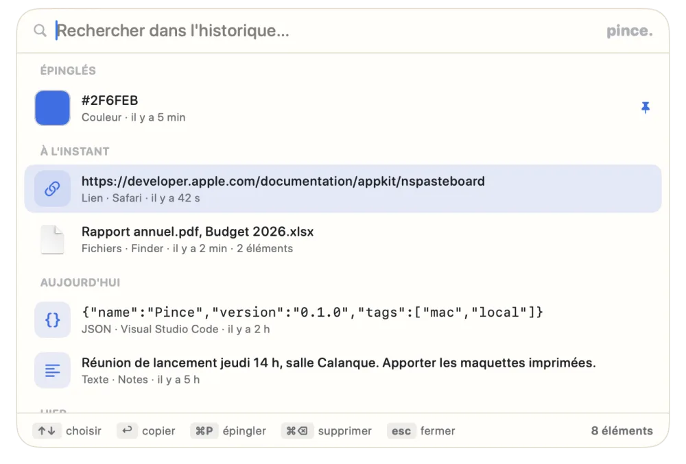 Le panneau de Pince ouvert par le raccourci global, avec la recherche et les dernières copies
